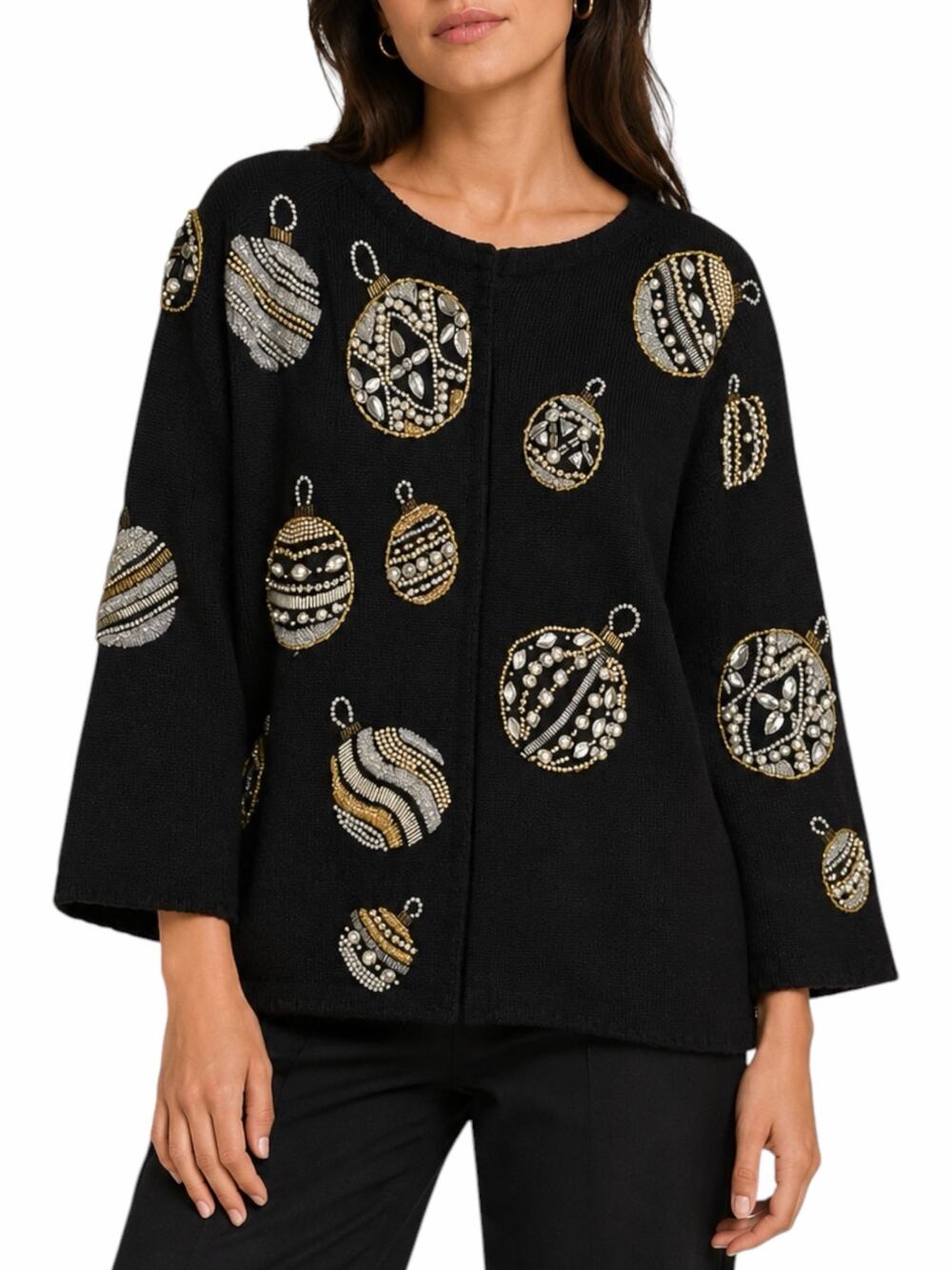 Michael Simon 1991 Christmas Ornaments Cardigan Black Ugly Sweater Size M